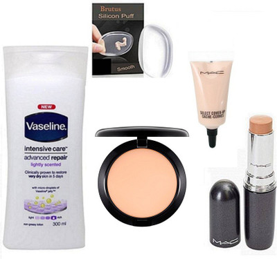 

BRUTUS Silicon Puff, Mac Compact, Stick Concealer, Select cover-up Concealer, Vaseline Intensive Care Advanced Repair Body lotion(Set of 5)