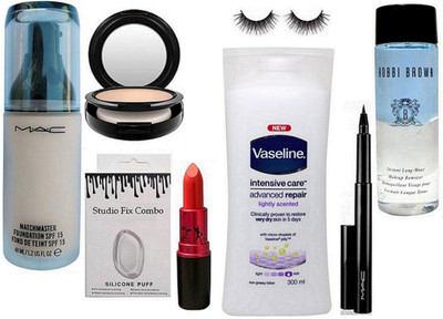 

studio fix combo Silicon Puff & Matchmaster Foundation & vesline body lotion & Lady Gaga Lipstick & Pen Eyeliner & Mac Compact & Padma mascara & Eyelashes & remover & Pro Longwear Concealer(Set of 9)