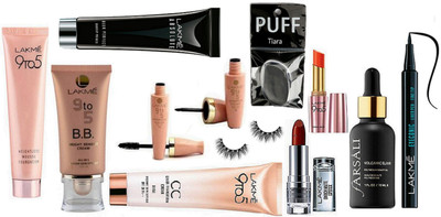 

tiara Silicon Puff , Lakme 9to5 CC Cream , BB Cream , Weightless Mousse (29gm) , Eyeliner & Mascara , Eyelashes , Enrich Lipstick , Prime Matte Lipstick , Farsali Face seum, Absolut Blur Perfect primer , Pen Eyeliner(Set of 12)
