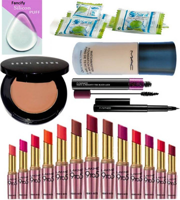 

Fancify Slicon Puff&Bobi Brown Concealer&Mac MatchMaster Foundation&Mac Pen Eyeliner&Mascara&Lakme 9To5 Lipstick Set Of 13 with magic napkin (set of 3)(Set of 21)