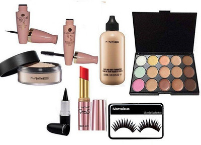 

Marvalous Eyelashes&Mac 15 Shade Concealer palette&Loose Powder&Face&Body Foundation&Stick kajal&Lakme Eyeliner&Mascara&Lipstick(Set of 8)