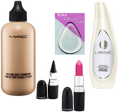 

Eska Silicon Puff, Mac Face & Body Foundation, Stick Kjal, Candy Yum-yum Lipstick & Lakme Winter Intense Body Lotion(Set of 5)