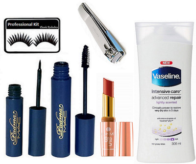 

Professional kit Eyelashes, Mac Padma Eyeliner+Mascara & Vaseline Intensive Care Advancred Repair Body Lotion & Lakme 9 to 5 Prime Matte Lipstick & Nail Cutter(Set of 6)