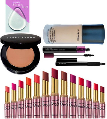 

jenney Slicon Puff&Bobi Brown Concealer&Mac MatchMaster Foundation&Mac Pen Eyeliner&Mascara&Lakme 9To5 Lipstick Set Of 13(Set of 18)