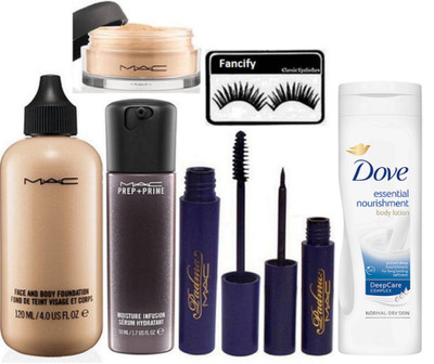 

fancify Combo Eyelashes & Face & Body FoundationMac ,Prep+Prime Moisture Infusion Face Serum,Padma Eyeliner+Mascara,Loose Powder With Dove Essential Nourishment Body lotion(Set Of 7)(Set of 7)