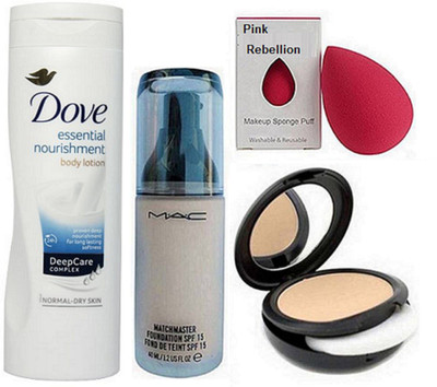 

Pink rebellion Sponge Puff With Mac Match Master Foundation and Studio Fix Compact & Dove Essential Nourishment Body Lotion(Set of 4)