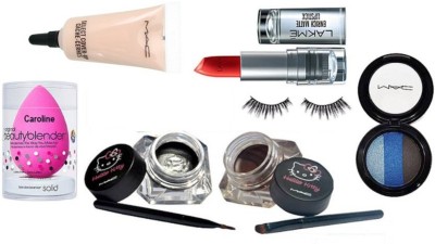 

caroline sponge puff & mac Select cover-up concealer & hello kitty eyeliner with mac eyeshadow mineralize, eyelashes& Lakme 9to5 Enrich Matte Lipstick(Set of 6)