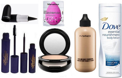 

Marvalous Sponge Puff & Face And Body Foundation & Mac Compact & Padma Eyeliner & Mascara & Dove essential Nourishment Body Lotion with stick kajal(Set of 7)