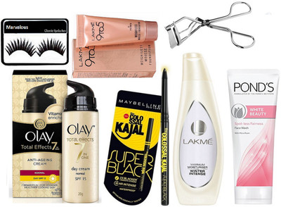 

marvalous eyelashes , lakme maximum moisturiser body lotion, ponds white beauty fash wash , super black kaj., olay total effects 7 in 1 cream,weightless mousse foundation with eyelash curler(Set of 7)