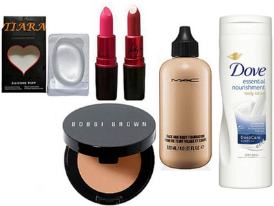 

TIARA Silicon Puff , Face & Body Foundation , Lady gaga Lipstick Pack Of 2 , Bobbi Brown Concealer , Dove Body Lotion(Set of 6)