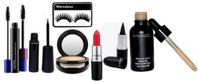

Marvalous Eyelashes, Mac Hyper Real Foundation, Compact, stick kajal , Lustre Lipstick, Waterproof Eyeliner, Haute and Naughty Double Effect Masca(Set of 7)