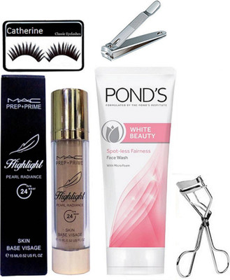 

catherine eyelashes, mac prep+prime highlighter, ponds white beauty face wash, eyelashes curler, nail cutter(Set of 5)