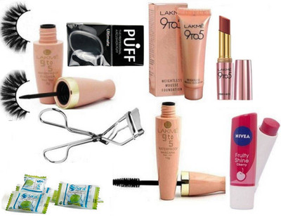 

Ultimate Silicon Puff And Lip Balm With Mousse Foundation 6gm,Liquid Eyeliner With Mascara & Primer+Matte Lipstick & Eyelashes Curler,Eyelashes & Magic Napkin Pack Of 3(Set of 11)
