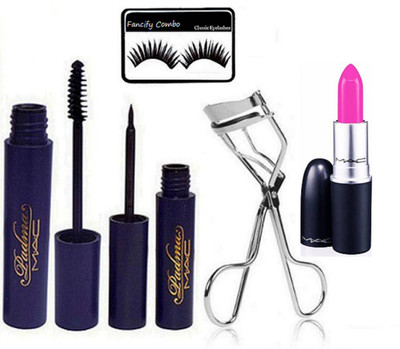 

FANCIFY COMBO Eyelashes & Padma Eyeliner Mac & Mascara & Curler & Mac Lipstick(Set of 5)