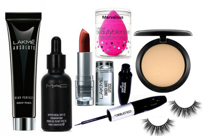 

marvalous sponge puff , mac hyper real foundation , compact, lakme absolute blur perfect primer , enrich lipstick , color bar 2 in 1 eyeliner +mascara & eyelashes(Set of 7)
