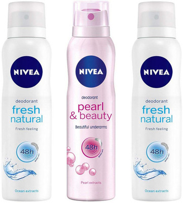 Nivea Fresh Natural + Pearl & Beauty 150ml x 3 Deodorant Spray - For Women(450 ml, Pack of 3)