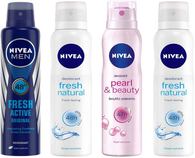 

Nivea Men Fresh Active + Fresh Natural + Pearl & Beauty 150ml x 4 Deodorant Spray - For Men & Women(600 ml, Pack of 4)