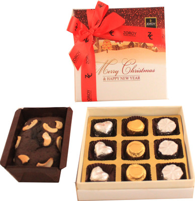 

Zoroy Luxury Chocolate Christmas combo 9 chocolates and 175 gms Eggless Plum Cake Combo(1)
