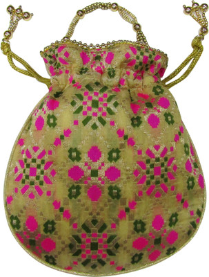 

Deepsum Ethnic Clutch Silk Patoda Print Potli Batwa Pouch Bag with Metal Beadwork Gift For Women Potli. Potli(Gold)
