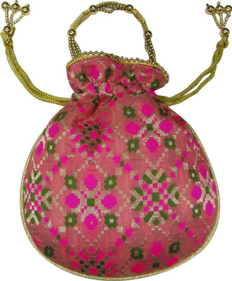 

Deepsum Ethnic Clutch Silk Patoda Print Potli Batwa Pouch Bag with Metal Beadwork Gift For Women Potli. Potli(Pink)