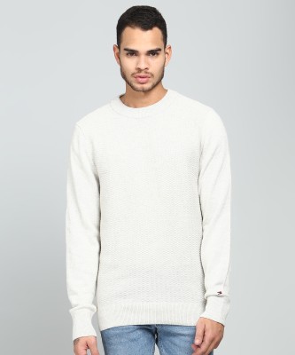 TOMMY HILFIGER Self Design Round Neck Casual Men Beige Sweater