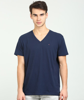 TOMMY HILFIGER Solid Men V Neck Dark Blue T-Shirt