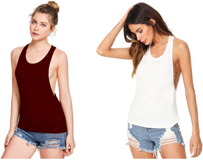 THE BLAZZE Casual No Sleeve Solid Women White, Maroon Top