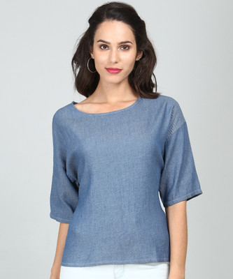 Tokyo Talkies Casual 3/4 Sleeve Solid Women Blue Top