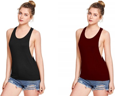 THE BLAZZE Casual No Sleeve Solid Women Maroon, Black Top