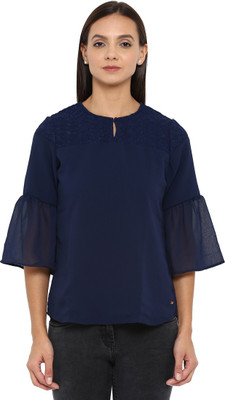 PARK AVENUE Casual Bell Sleeve Solid Women Dark Blue Top