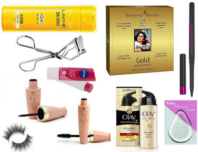 

Eska Silicon Puff,Shahnaz Husain Gold Facila kit & olay Anti Ageing Cream,Kajal,lip Balm,Eyelashes, Eyelashes Curler,Lakme Body lotion,9to5 Eyeliner With mascara(Set of 10)