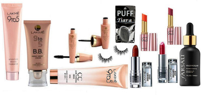 

tiara Silicone Puff , Lakme 9to5 CC Cream , BB Cream , Weightless Mousse (29gm) , Eyeliner & Mascara , Eyelashes , Enrich Lipstick Pack Of 2 , Prime Matte Lipstick Pack Of 2, Farsali Face seum(Set of 12)