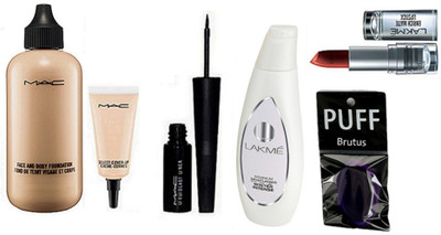 

BRUTUS Silicon Puff, Mac Face And Body Foundation, Liquid Eyeliner, Select CoverUp & Lakme Enrich Matte Lipstick, Lakme Winter Intense Maximum Moisturiser(Set of 6)