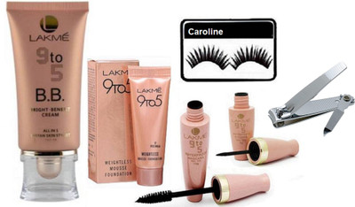 

caroline Eyelashes, 9to5 BB Bright Benefit Cream, Weightless Mousse Foundation, Waterproof Eyeliner & mascara & Nail Cutter(Set of 6)