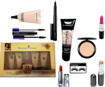 

caroline Eyelashes, Mac Stick Concealer,Compact, Candy Yum Yum Lipstick, Pro LongWear Concealer, Pen Liner, HautE and Naughty Waterproof Lash Double Effect Mascara, Mattifying Base Primer Primer, Enrich Matte Finish Lipstick, Shahnaz Husain 24 Carat Natur