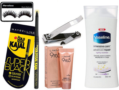 

marvalous eyelashes, vaseline intensive care lightly scenced body lotion , super black kajal , weightless mousse foundation with nail clipper(Set of 5)