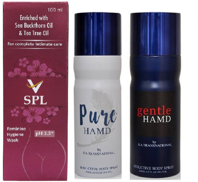 

VSPL Feminine Hygiene Wash 100ml 1pc., HAMD Pure 1pc. & Gentle 1pc. Deodorant Spray 200ml each Pack of 3(Set of 3)