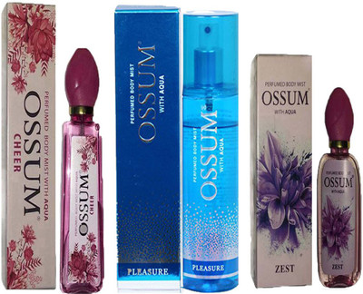 

OSSUM ZEST PERFUMED BODY MIST 115ML+ PLEASURE PERFUMED BODY MIST 190ML+CHEER PERFUMED BODY MIST 115ML Deodorant Spray - For Women(110 ml, Pack of 3)