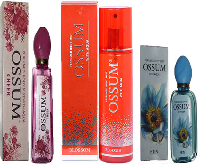 

OSSUM CHEER PERFUMED BODY MIST 115ML+BLOSSOM PERFUMED BODY MIST 190ML+FUN PERFUMED BODY MIST 115ML Deodorant Spray - For Women(110 ml, Pack of 3)