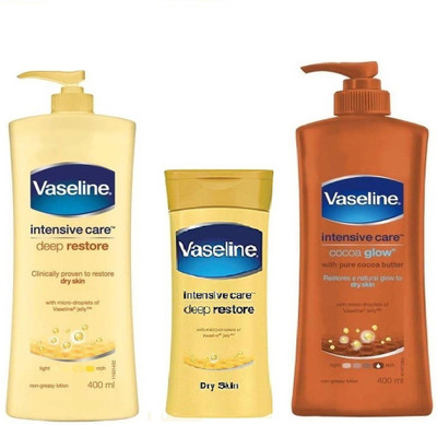 

Vaseline Intensive Care Deep Restore Body Lotion & Cocoa Glow Nourishing Lotion & Deep Restore Body Lotion 400ML +400ML+100ML(900 ml)
