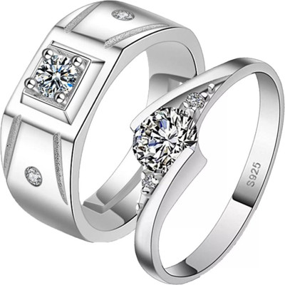 Silver Creations ADJUSTABLE COUPLE BAND RING Alloy Cubic Zirconia Silver Plated Ring Set