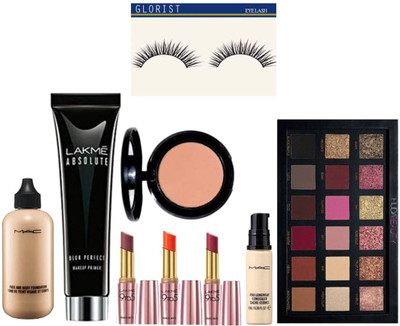 

glorist eyelash and Lakme Absolute Blur Perfect Makeup Primer&Mac Face&Body Foundation&Lakme Matte Finsh Lipstick Pack Of 3&Mac Pro Long Wear Concealer,Huda Rose Gold Pallete&Bobbi Brown Blusher(Set of 9)