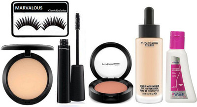 

marvalous eyelashes, studio water weight foundation, compact, mascara , blusher with v wash expert intimate hygiene(Set of 6)