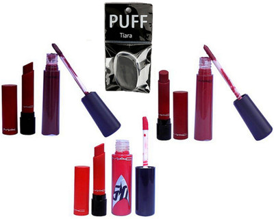 

tiara Silicon Puff , Mac Red Lipstick & Lip gloss, Mahrun Lipstick & Lipgloss, Brown Lipstick & Lipgloss(Set of 7)