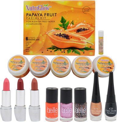 

NutriGlow Papaya Fruit facial kit & with makeup combo set of 8 ( 3 lipsticks,3 nail aints,2 eyelinear)(Set of 1)