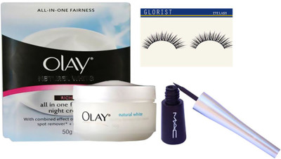 

glorist Eyelashes,Olay natural white rich all in one fairness day cream & Mac liquid Last Eyeliner(Set of 3)