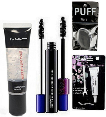 

tiara Silicon Puff& Mac Infalliable Mattiyfing Primer , Haute Naughty Lash , Eyelashes Glue(Set of 4)