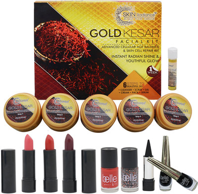 

NutriGlow Skin Radiance gold kesar facial kit & makeup set of 8 (3 lipsticks,2 nail paints,1kajal,2eyelinear)(Set of 1)