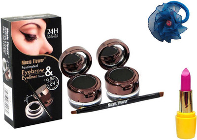 

Music Flower 2 In 1 Eyebrow Powder & Long Lasting Gel Eyeliner & (2 Eye Liner And 2 Black Eyebrow Powder), Lipstick and Band(Set of 3)