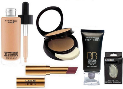 

BRUTUS Silicon Puff,Mac Studio Water Weight Liquid Foundation , Two Way Compact With Absolute Argan Lip Color Lipstick, Prep+prime BB Beauty Balm Cream Foundation(Set of 5)